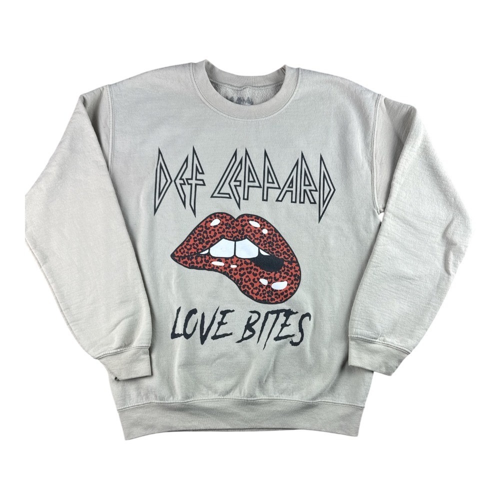 Def Leppard Love Bites Graphic Sweatshirt Tan Crew Neck Rock Band Pullover S